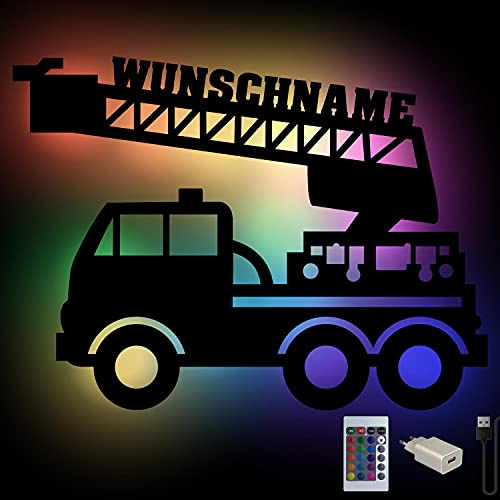Namofactur personalisierte Feuerwehr-Wandlampe aus Holz mit RGB-Licht