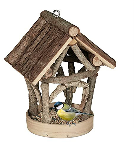 Relaxdays Vogelfutterhaus Holz, zum Aufhängen, Garten, Vogelfutterspender Kleinvögel, HxBxT 22,5 x 17 x 13,5 cm, Natur
