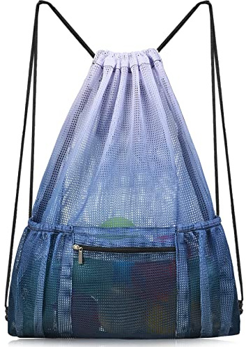 Nidoul Mesh Drawstring Bag with Zipper Pocket, Beach Bag for Swimming Gear Backpack Gym Storage Bag for Adult Kids