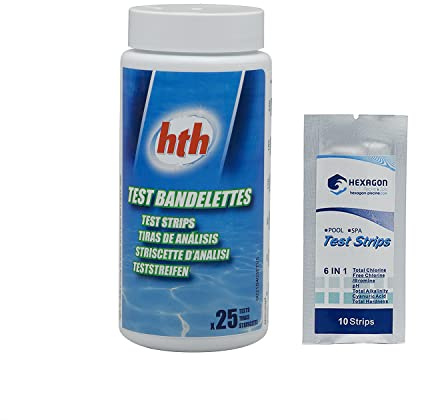 HTH - Test Cl/pH/Br/TH/TAC/Cya (boîte de 25 bandelettes) | Bandelette Analyse de l'eau + 10 Tests HPS OFFERTS 6 en 1