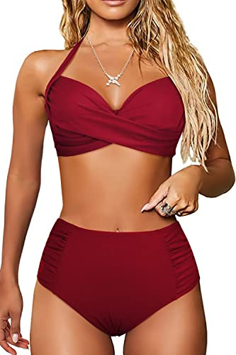 JFAN Traje de Baño Mujer 2 Piezas Conjunto de Bikini Push Up Bañador Bikini Tops y Bottoms Cintura Alta (Borgoña,XL)
