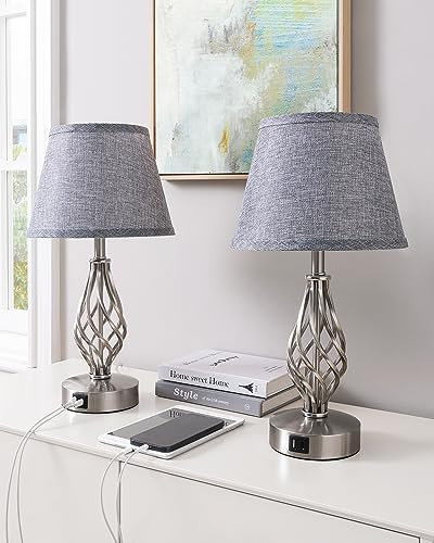 EDISHINE Lámpara de Noche LED Regulable Táctil 2 Lámparas de Mesa 2 Puertos USB de Carga para Dormitorio, Salón, Alféizar de Ventana, Regalo, Pantalla de Lino, Gris