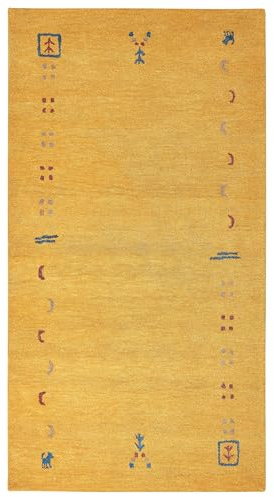 Beliani Gabbeh Teppich gelb aus Wolle 80 x 150 cm Hochflor mit Muster weich handgetuftet Akalan