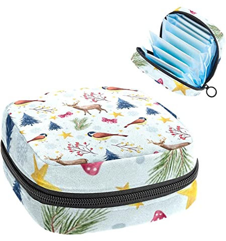 Period Pouch Portable Tampon Storage Bag,Tampon Holder for Purse Feminine Product Organizer,Winter Deer Bird Tree Branches Stars Bow