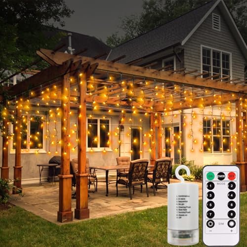 CCILAND Christmas Curtain Lights Battery Operated, 4M x 1M 200 LED Curtain Lights Outdoor Green Wire Curtain String Lights with Remote Warm White Fairy Curtain Lights for Wedding Party Decor