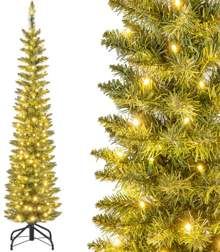 COSTWAY 150 cm Künstlicher Weihnachtsbaum mit Beleuchtung, Bleistift Tannenbaum mit 150 warmweißen LED-Lichtern, Christbaum schmal, Kunstbaum Weihnachten für Zuhause, Grün