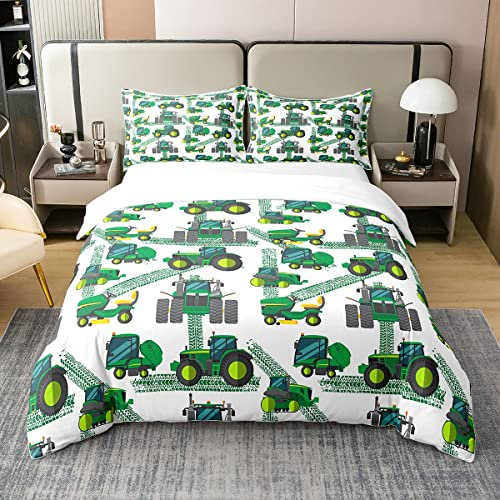 100% Bio Baumwolle Grüner LKW Bettbezug für Kinder Jungen,Traktor Bulldozer Bettwäsche Set,Cartoon Baufahrzeuge Tröster Abdeckung,Bagger Bett Sets mit1 Kissenbezug,155x220