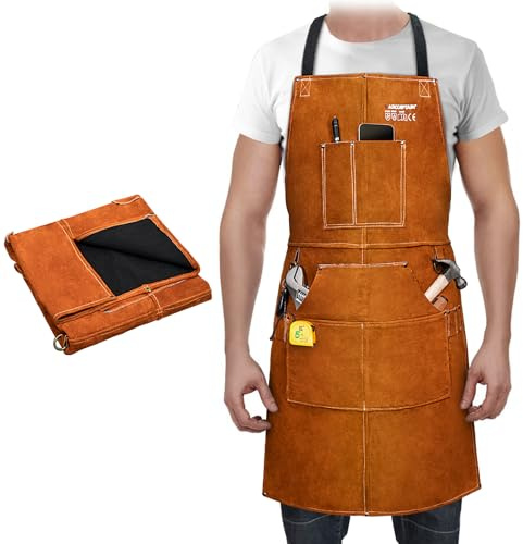 ARCCAPTAIN Leather Welding Work Apron 24 X 36 Heat Flame Resistant Cowhide Blacksmith Aprons with 6 Tool Pockets for Welders Men Women, Adjustable M to XXXL-Brown