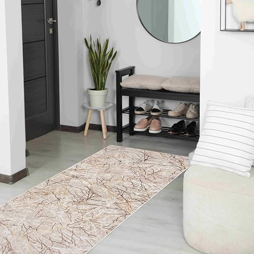 Mazovia Läufer Flur 80x200cm Creme Abstrakt Glamour Stilvoll Pflegeleicht | Teppichläufer für Küche Waschküche Schlafzimmer Beige Fußbodenheizungsgeeignet Reinigungsmittelbeständig Verkauf pro Meter