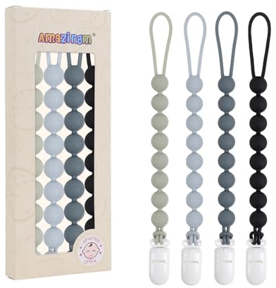 4 Pcs Gray Baby Silicone Teething Pacifier Clip,One-Piece Design,Round Shape,Smooth Surface,BPA Free.