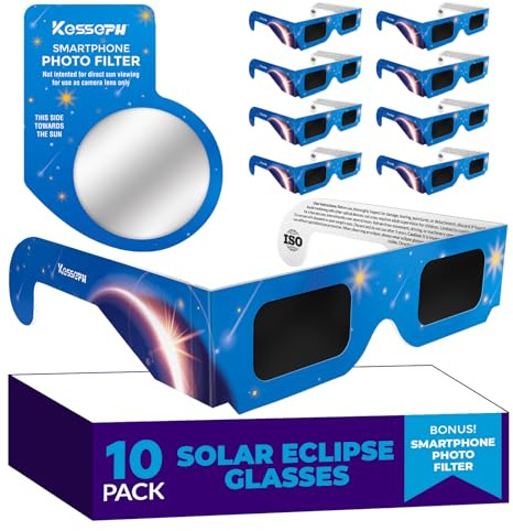 Solar Eclipse Glasses Approved 2024, (10 Pack) CE and ISO Certified Solar Eclipse Observation Glasses, Safe Shades for Direct Sun Viewing, Bonus Smartphone Photo Filter Lens, Blue Stars Design