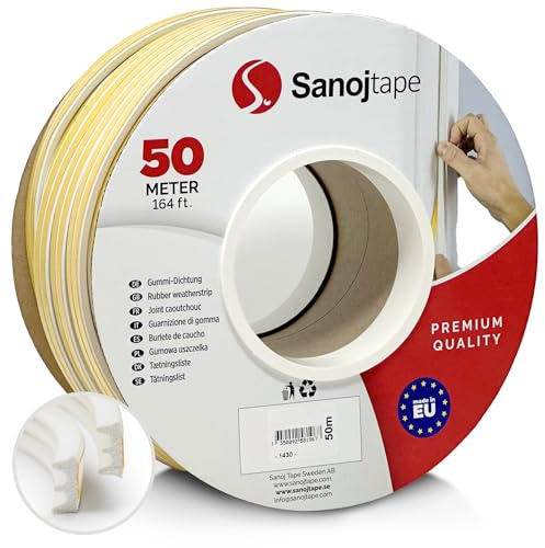 Sanojtape Tira de Sellado Junta Burlete para Puerta Ventana E Blanco de 50 Metros Caucho Autoadhesivo