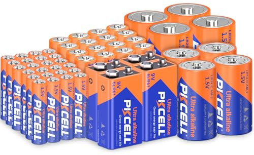 PKCELL Piles alcalines 16 AA et 24 AAA et 4 C et 4 D et 4 9V,pour l'électronique Domestique,Lot de 52