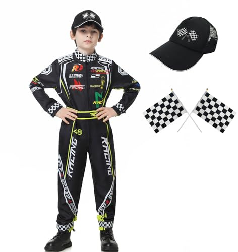 KUKIKUKI Costume de pilote de voiture de course Combinaison de pilote de course avec casquette Kids Dress Up for Halloween (Noir, 110)