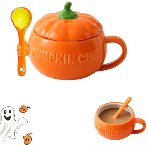 Bocguy Tazza di zucca, 300 ml, zucca Halloween, tazza autunnale, dolce mug di zucca in ceramica, regalo per compleanno, Halloween, raccolta autunnale, accessorio per feste (con cucchiaio)