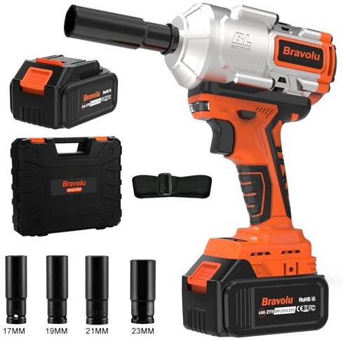 Bravolu Clé à Chocs Sans Fil, 21V Brushless 1000N.m Max Boulonneuse a Choc avec 4,0Ah Batterie, Visseuse à Choc Fréquence d'impact 3800IPM, avec 4 Douilles à Chocs