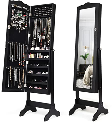 COSTWAY Armoire à Bijoux sur Pied avec 2 Organiseurs Cosmétiques Amovibles, Angle Réglable avec Serrure Rangement Compartimenté pour Toutes Sortes de Bijoux Style Sobre et Soigné (Noir)