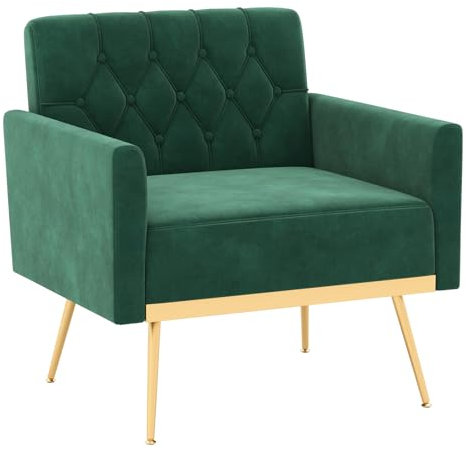 COSTWAY Velvet Accent Chair, Button-Tufted Upholstered Lounge Armchair Single Sofa Chair with Widened Seat and Gold Metal Legs, Modern Comfy Armchair Reading Chair for Living Room Bedroom (Green)