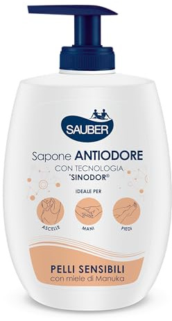 Sauber - Sapone Pelli Sensibili Liquido con Azione Anti Odore, Tecnologia Sinodor, Estratto di Miele di Manuka, Dermatologicamente Testato per Pelli Sensibili - 300ml