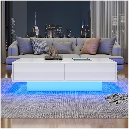 Sapgaks Table Basse Moderne Haute Brillance en Blanc,Table Basse relevable 115 x 55 x 34 cm, avec 2 tiroirs et éclairage LED,Table de Salon élégante,Blanc