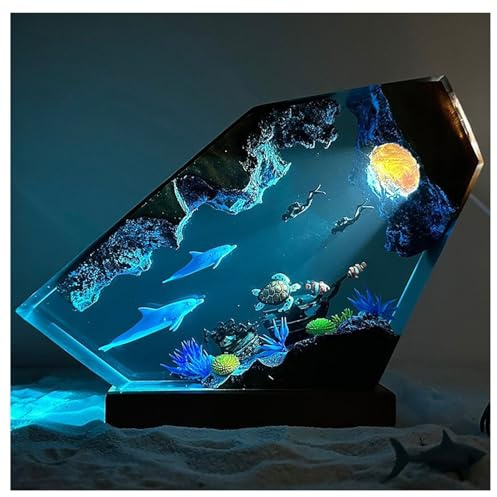 Heerben Veilleuse LED Océan, Résine Recyclée Faite À La Main Océan Dauphin Plongeur Lampe pour Bureau Bureau Salle De Bain Décor,6 * 4in