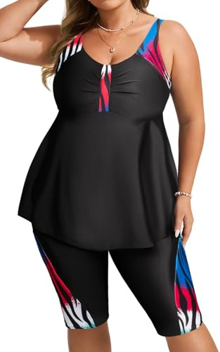 Hanna Nikole Dam plus size tankini baddräkter tvådelad baddräkt blommig utslagsskydd badkläder med caprishorts shorts, Färgglatt zebr, 20 Plus