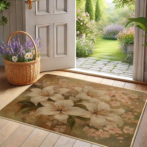Zerbino floreale primaverile, con giglio bianco, per interni ed esterni, decorazione country, in gomma, impermeabile, antiscivolo, antipolvere, facile da pulire, 73 x 43 cm