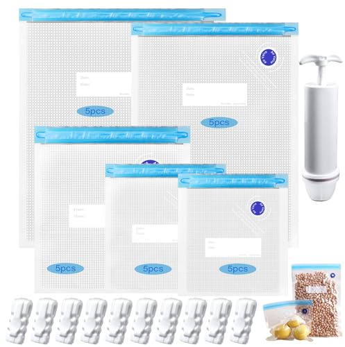GZLFH Vakuumbeutel Lebensmittel, Vacuum Bags For Food 25 Stück | mit Handpumpe, 10 Verschlussclips, 5 Größ Vakuumversiegelte Bags für Lebensmittelaufbewahrung und Vakuumgaren