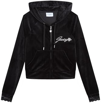 Juicy Couture Lace Madison Hoodie Kapuzensweatjacke, Sweatjacke mit Kapuze und Reißverschluss aus Velour in Verschiedenen Farben Sweatshirt à Capuche, Noir, M Femme