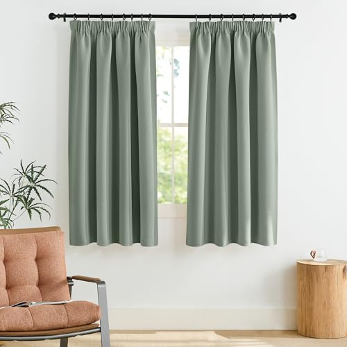 PONY DANCE Set med 2 gardiner med skuggafunktion och fästning för gardinstång, grön ogenomskinlig gardin 140x145cm(BxH), termisk isolering för fönster i sovrum och kök, salviagrön