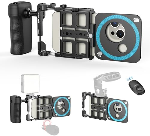 APEXEL iPhone Rig Kit, Smartphone Video Rig mit magnetischem Bluetooth, 2500 mAh-Griff-Ladehülle, 67/37/17 mm Filteradapter, Geeignet für iPhone 16/15/14, und andere Mobiltelefone