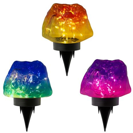 GardenKraft Multi Colour Solar Garden Stone Lights Set of 3 – 30 Micro LED Fairy Lights Per Stone – Energy Efficient, Weatherproof Pathway - Ground Stakes – Outdoor Decorative Lighting