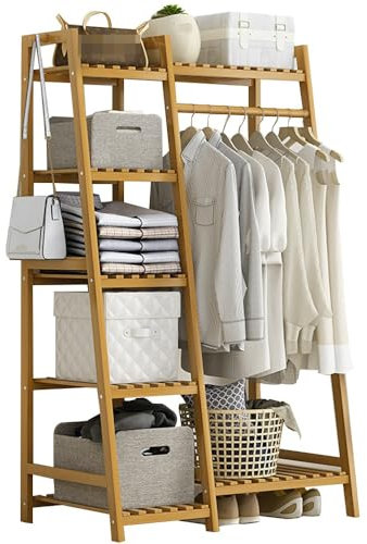 Generisch Freistehende Bodenspiegel-Garderobe, Bambus-Garderobenständer mit Ablage für Eingangsbereich, Schlafzimmer, Wohnzimmer