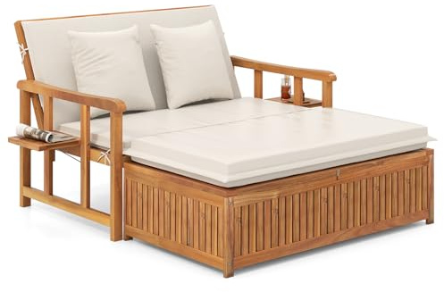 COSTWAY Acacia Wood Garden Daybed, Patio Double Chaise Lounger Sun Bed with 4-Level Adjustable Backrest, Storage Ottoman, Cushions, Pillows and Side Trays, Outdoor Loveseat Sofa Conversation Furniture