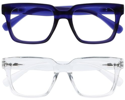 OPULIZE ERA Lunette anti lumiere bleue femme & homme - Lunettes Loupe Ecran/Gaming - Lot de 2 - Cadre Surdimensionné - Anti-éblouissement Anti-Reflet Protection UV - Bleu Transparent - +3,00