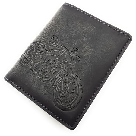 Mini-plånbok herr buffelläder med motorcykel prägling, RFID-skydd, myntfack och kedjeögla – kompakt läderplånbok för cyklister, 6 kortfack, 8 x 10,5 cm – vintage grå