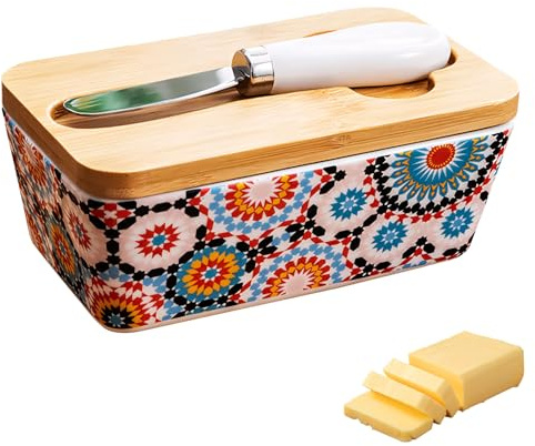 Butterdose Keramik mit Holzdeckel und Buttermesser, 350ml Große Kapazität Butterdose für 300g Butter, Multi-Funktion Versiegelt Butterglocke Frische-bleiben, für Haushalt und Küche (C)