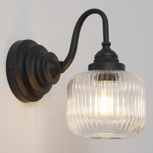 SongCiLT Gooseneck Wall Light with Clear Striped Glass Shade Hardwired | E27 Metal Base Vintage Industrial Wall Sconce Vanity Light Fixture for Bathroom Kitchen Living Room Bedroom