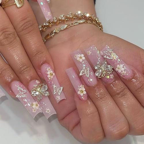 Virellay 24 Stück 3D Schmetterlingsblumen Kunstnägel Nägel - Lang ballettförmige French Fake Nails Mit Strasssteinen verziert Glitzer Kunstnägel - Für DIY Nageldesign für Frauen (Pink Flower)