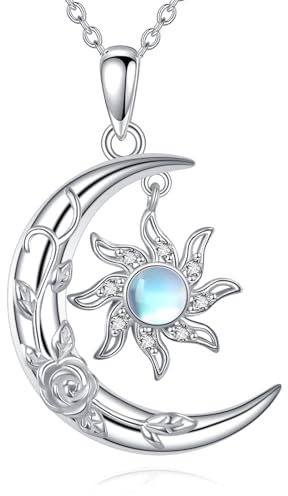 ONEFINITY Sonne und Mond/Rosenblüten/Fuchs/Dackel/Keltischer Knoten Kette 925 Sterling Silber Mondstein Anhänger Halskette Schmuck Geschenk für Frauen Damen