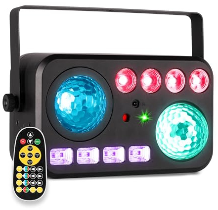 BeamZ Shimmer6 Discolicht Partylicht – 6-in-1 LED Effekt mit Discoball, Welleneffekt, Stroboskop & UV – Musikgesteuert mit DMX & Fernbedienung, Bühnenbeleuchtung für Disco & Partys