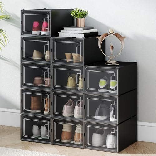 TAUS Schuhboxen, 12er-Set Schuhboxen Stapelbar aus Kunststoff (35,1 × 24,9 × 18,5 cm) – Robuster, faltbarer Schuhbox mit Magnetklappe für Herren & Damen bis UK Größe 11, mittlere Größe, Schwarz