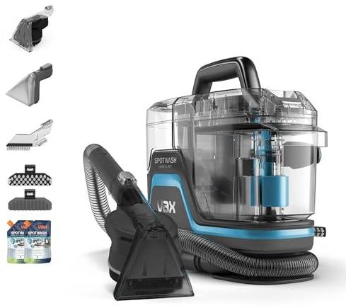 Vax SpotWash Home and Pet Spot Cleaner, Upholstery, Sofa, Stairs, Home, Car, Rug, Stain Cleaning Small Handheld Shampooer Machine, Additional Solution, SpinScrub and Tools, 4.5kg, Grey/Cyan, CDSW-MPDP