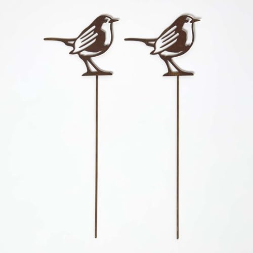 HOMESCAPES Metal Garden Stakes Decorative, Set of 2 Rustic Metal Birds Silhouette, 37cm Robin Bird Stake, Weatherproof Vintage Outdoor Ornament for Gardens, Plant Pots, Planters & Balcony