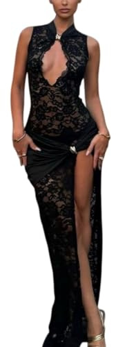 Sukiglam Vestito Donna Sexy Abito Lungo in Pizzo Trasparente Senza Maniche Trafitto Vestiti Elegante Aderente Maxi Abiti con Spacco Alto Raffinato Abito da Sera Cerimonia Festa Cocktail