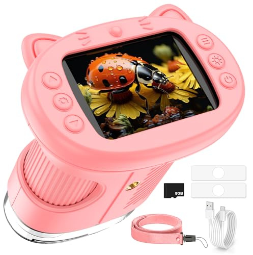 Microscope Enfant,DEIME 20MP 1080P 2.4 1000X Microscope pour Enfants avec 8G Carte,8 LEDs,Rechargeable,Portable Microscope Cadeau de Noël éducatif et Scientifique pour Enfants 5 6 7 8 9 10 11 12 Ans
