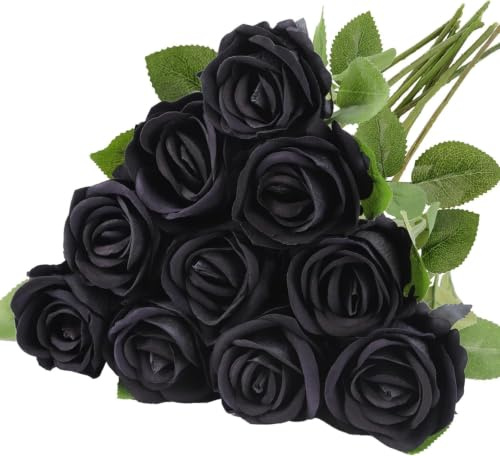 SrgPui 12 Pcs Black Artificial Roses, Single Stem Realistic Silk Rose Bouquet, DIY Decoration for Home, Living Room, Garden, Wedding, Party