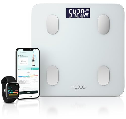 MyBEO - Digitale Bluetooth Köperfettwaage mit App – Körperanalysewaage – bis 180 kg – LCD-Anzeige – 6 mm Glas – Gewicht BMI Körperfett Muskelmasse - Personenwaage Körperwaage - weiß