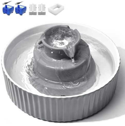 Fuente de cerámica para gatos, VinDox 2,1 L, fuente para gatos y perros, fuente de porcelana, dispensador de agua para gatos con filtro de repuesto y espuma bomba inteligente (gris)