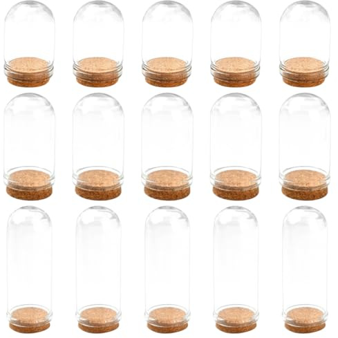 HOOWIFFY Mini Dômes en Verre Transparents avec Base en Liège, Lot de 15 Pièces, pour Décoration Intérieure, Micro-Paysage DIY et Présentation de Fleurs Séchées